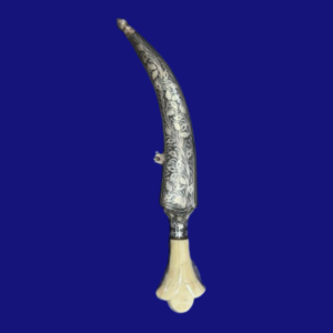 Damascus Steel Dagger with Camel Bone Handle & Silver Koftgiri – 9 Inch
