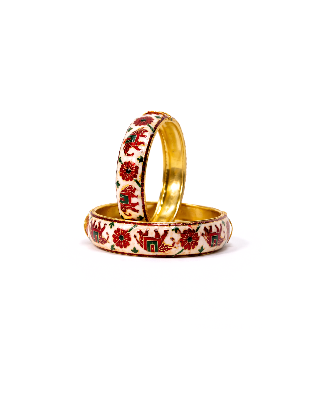 Meenakari Elephant Floral Design 22 Carat Gold Plated Openable Bangles – White (Set of Two) - Image 2