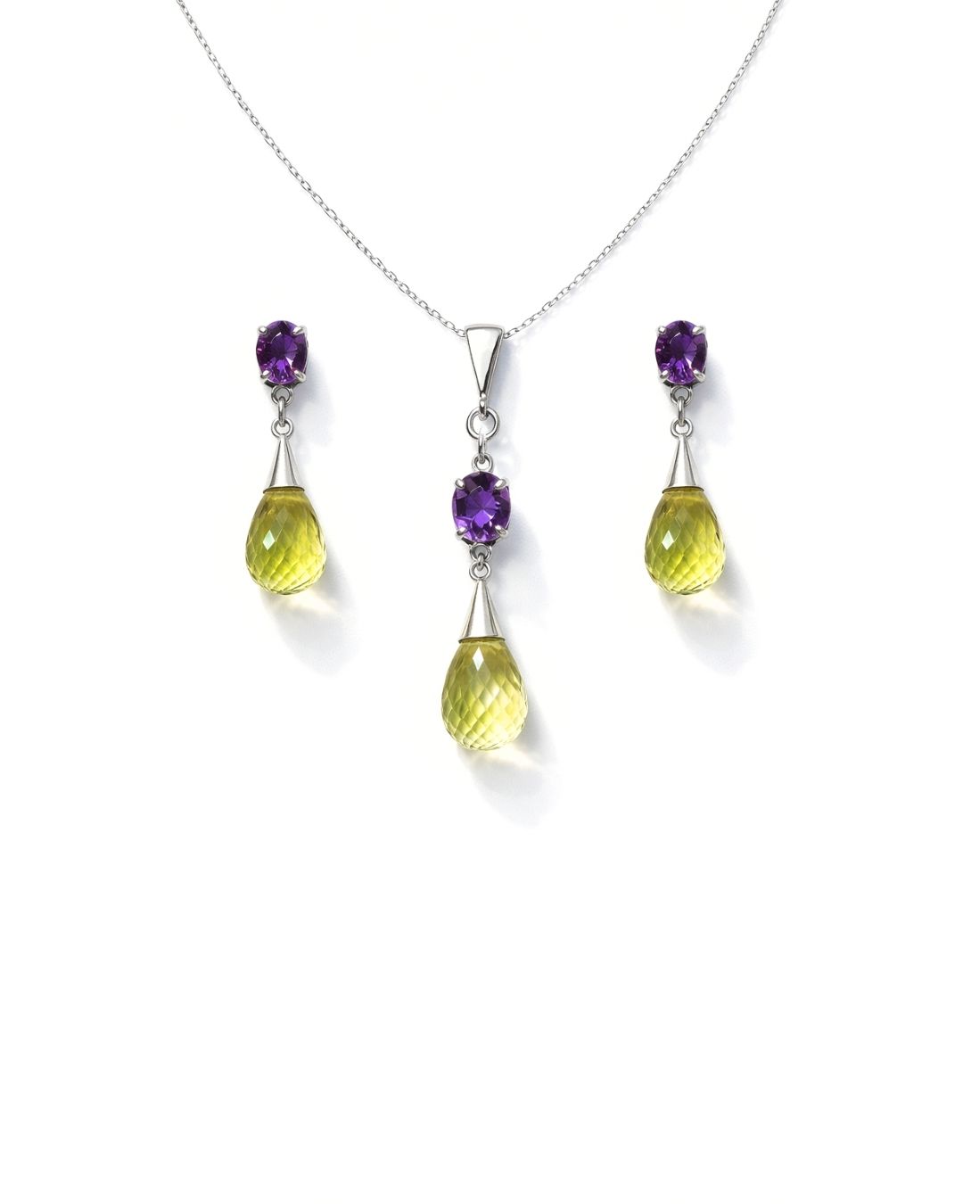 Elegant Amethyst & Lemon Topaz Drops Pendant Set in 92.5 Sterling Silver