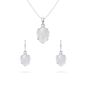 Charming Leaf Chalcedony Pendant Set | Hand Carved Milky White